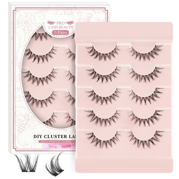 Lash Clusters 5 Pairs Cat Eye Lashes Russian Fluffy Lashes that Look Like Extensions Wispy Eyelash Clusters Volume DIY Lash Extension Soft and Easy to Wear (5 Pairs, Inspiration)