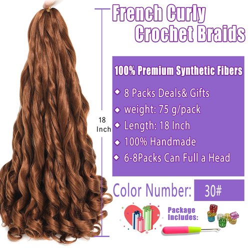 ELAOGI 18Inch French Curly Braiding Hair 8Packs French Curls Bouncy Braiding Hair Synthetic Hair Extensions Pre Streched Wavy Braiding Hair (18 Inch (Pack of 8), 30#)