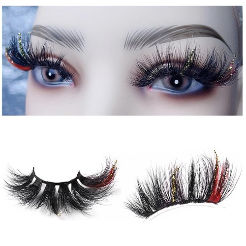 VNHTT 25mm Glitter Eyelashes 3D Fluffy Mink Eye Lashes with Color,Colored Eyelashes Dramatic Strip Lashes Natural Thick Fake Eyelashes 1 Pairs for Halloween Party Stage Cosplay(Black Red -Gold)
