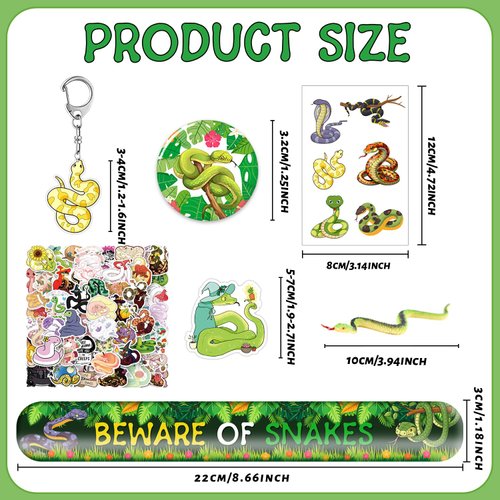Lcnjscgo 110 Pcs Snake Party Favors, Snake Temporary Tattoos Slap Bracelets Keychains Stickers Badges Snake Toy for Snake Birthday Party Decorations Supplies Gifts for Kids Classroom Rewards