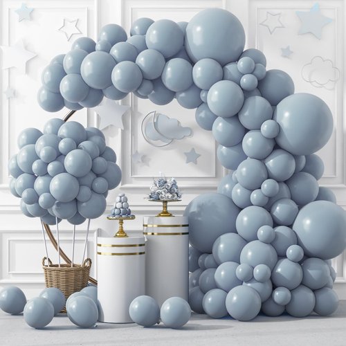 RUBFAC 129pcs Dusty Blue Balloons Different Sizes 18 12 10 5 Inch Latex Haze Blue Balloon Garland Arch for Party Decoration Birthday Wedding Engagements Anniversary Baby Shower Party Supplies