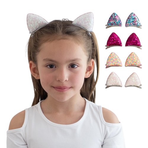 Summer Crystal 4 Pairs Sequins Cat Ears Kitty Ears Hair Clips - For Girls and Women - Stylish Hair Accessory for Birthdays, Costumes, Halloween, Holidays, and Parties (4 Pairs LMRW)