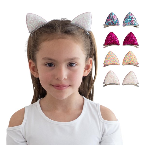 Summer Crystal 4 Pairs Sequins Cat Ears Kitty Ears Hair Clips - For Girls and Women - Stylish Hair Accessory for Birthdays, Costumes, Halloween, Holidays, and Parties (4 Pairs LMRW)