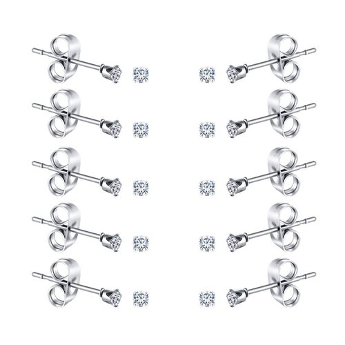FOSIR 10 Pairs Tiny Women's Stainless Steel Round Clear Cubic Zirconia Stud Earrings (2mm CZ, Surgical Steel)