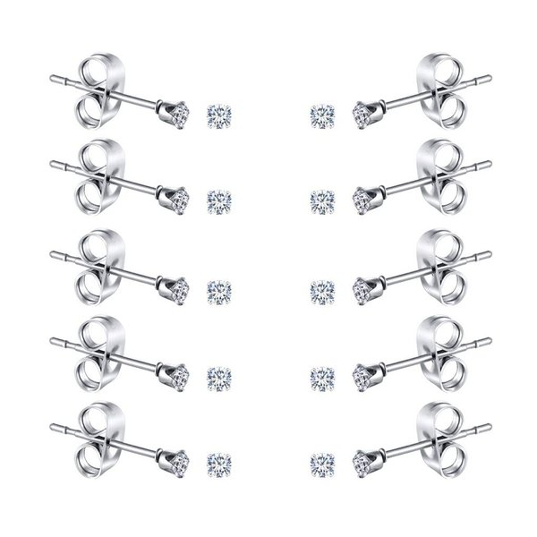 FOSIR 10 Pairs Tiny Women's Stainless Steel Round Clear Cubic Zirconia Stud Earrings (2mm CZ, Surgical Steel)