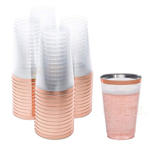 Prestee Rose Gold Rim Plastic Cups, 14 oz. 50 Pack, Hard Clear Plastic Cups, Disposable Party Cups, Fancy Wedding Tumblers, Elegant Decoration Cups, Plastic Tumblers Bulk