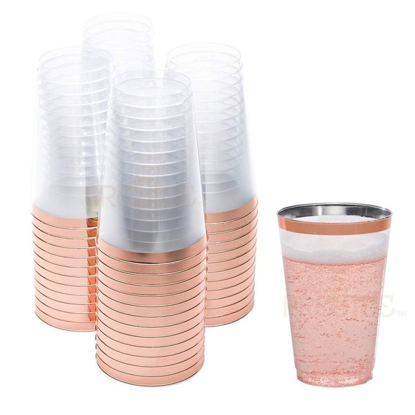 Prestee Rose Gold Rim Plastic Cups, 14 oz. 50 Pack, Hard Clear Plastic Cups, Disposable Party Cups, Fancy Wedding Tumblers, Elegant Decoration Cups, Plastic Tumblers Bulk