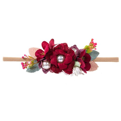 Wiwpar Flower Crown Headband Bead Headwear Elastic Adjustable Head Piece Girl's Hairbands for Toddler and Childrens (Red Wine)
