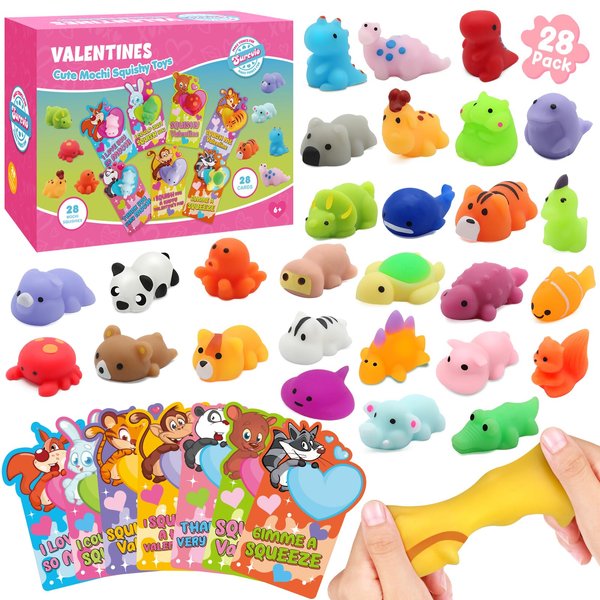 SURCVIO 28 Pack Valentines Day Gifts for Kids, Mochi Squishies with Greeting Cards Party Favor for Kids, Animals Squishies Stress Relief Fidget Toys Classroom Exchange Prizes Gifts