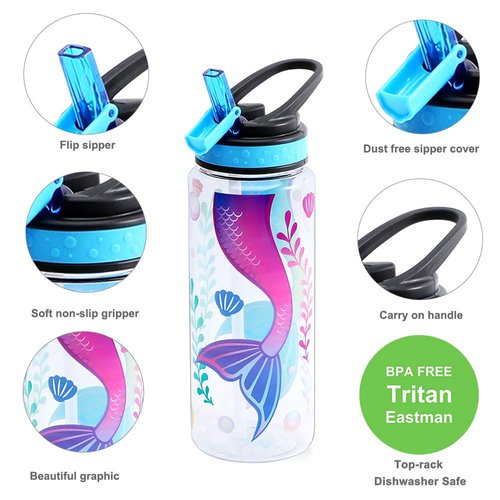 HomTune Cute Water Bottle with Straw for School Kids Girls, BPA FREE Tritan & Leak Proof & Easy Clean & Carry Handle, 23oz/ 680ml - Mermaid