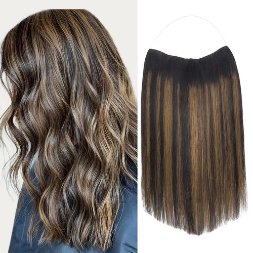 Marat Wire Hair Extensions 16 inch 95g Natural Black Mixed Chestnut Brown Remy Human Hair Extensions with Fish Line Invisible Wire Hair Extensions Real Human Hair Hair Extensions