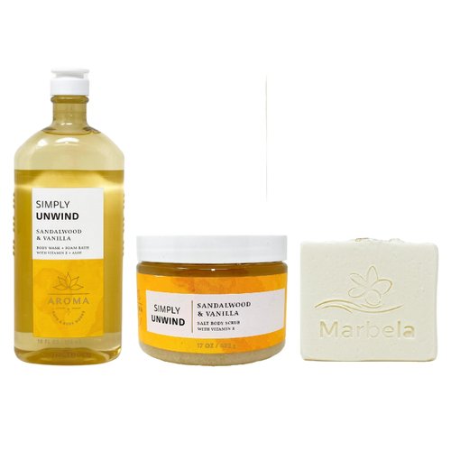 Bath & Body Works Aroma Simply Unwind Sandalwood & Vanilla Duo Gift Set - Body Wash and Body Scrub With a Natural Oats Bar Soap