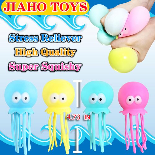 JIAHO 4 Pack Octopus Squishy Stress Balls for Kids and Adults, Sea Animals Squeeze Toys, Dough Ball, Squishy Toys for Kids Party Favors | Colorful Stress Relief Squishy Balls | Octopus Toys