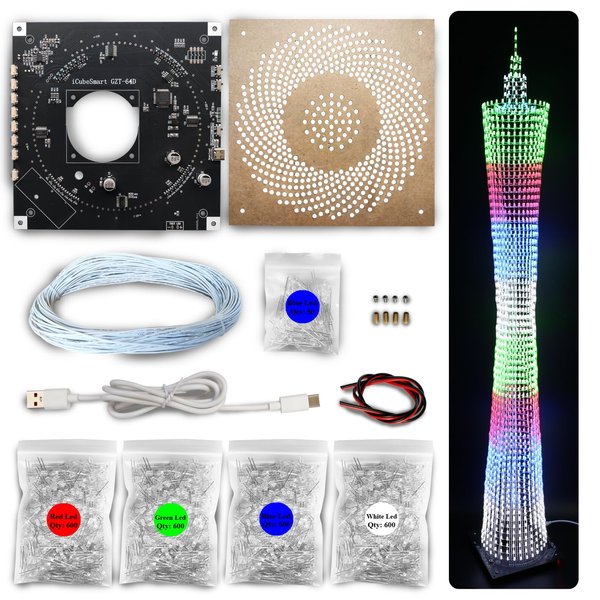 iCubeSmart Led Canton Tower Model DIY Electronic Kit, LED Cube Model Handmade Soldering Project Kit, 64 LED Circles, Height 1 Meter. (GZT-64)