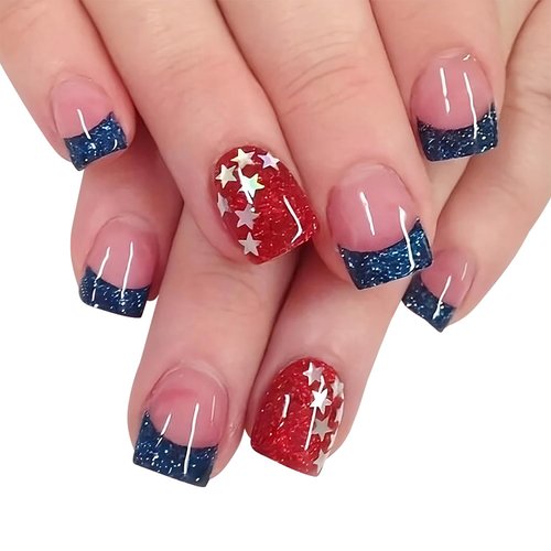 24 Pcs Independence Day Press on Nails Short Square French Tip Fake Nails with Glitter Reusable 4 of July Acrylic Nails Stick on Nails American Flag Patriotic False Nails for Women Nail Decoration