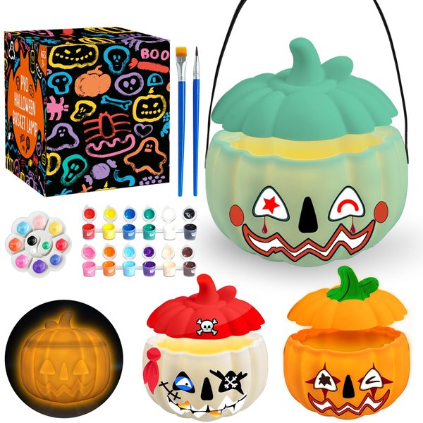 FUNZBO Paint Your Own Lamp Kit, Arts and Crafts Supplies Painting Kits for Kids Teens Adults, 5.7x4.7in Pumpkin Candy Bucket, DIY Night Light Toys Christmas Holiday Gift for Toddlers Girls Boys Age 3+