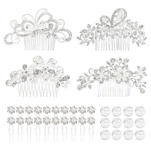 Cinaci 36 Pack Sparkly Silver Rhinestone Pearl Flower Butterfly Bridal Hair Side Combs+U-shaped & Twist Crystal Hair Pins Clips Wedding Headpieces Prom Accessories for Women Girls Brides Bridesmaids