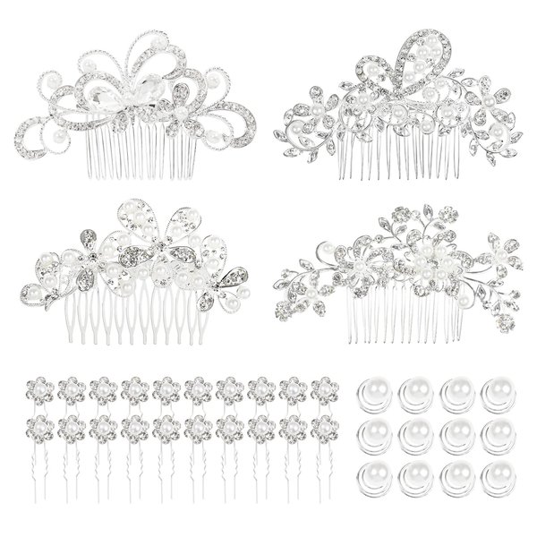 Cinaci 36 Pack Sparkly Silver Rhinestone Pearl Flower Butterfly Bridal Hair Side Combs+U-shaped & Twist Crystal Hair Pins Clips Wedding Headpieces Prom Accessories for Women Girls Brides Bridesmaids