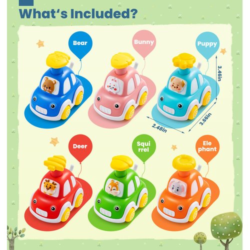 Press and Go Car Toys for Toddlers 1-3, 6 Pack Animal Baby Car Toys for 1 2 Year Old Boy, Push Go Friction Vehicle Toys for Infants 6-9-12-18 Months, One First Birthday Gifts for Boys Girls