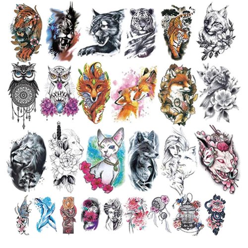 Temporary Tattoos 60pcs, Fake Tattoos for Adults Shoulder Neck Arm, Water Color Black Mixed Style Body Art Temporary, Fake Long Lasting Tattoo Tiger Owl Wolf for Men and Women