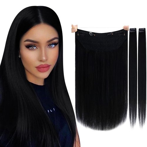 Halo Hair Extensions Adjustable Long Straight Hairextension Synthetic Wig Upgrade 4 Secure Clips in Hairpieces Invisible Wire Hair Extension (Black)