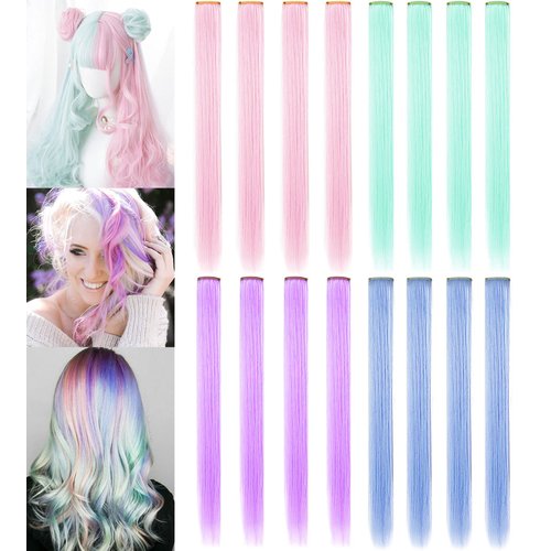 HUANLING 16PCS Colored Hair Extensions 21inch Colored Wig Party Highlights Straight Synthetic Hairpieces Clip in Halloween Hair Accessories for Women(Light Blue Light Green Light Pink Light Purple)