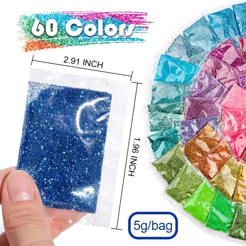 YGDZ Fine Glitter, 300g 60 Colors Extra Fine Resin Glitter Packs, Arts Craft Glitter for Tumblers Festival Decoration, Eyeshadow Makeup Nail Art Body Face Glitter, 5g Each Bag