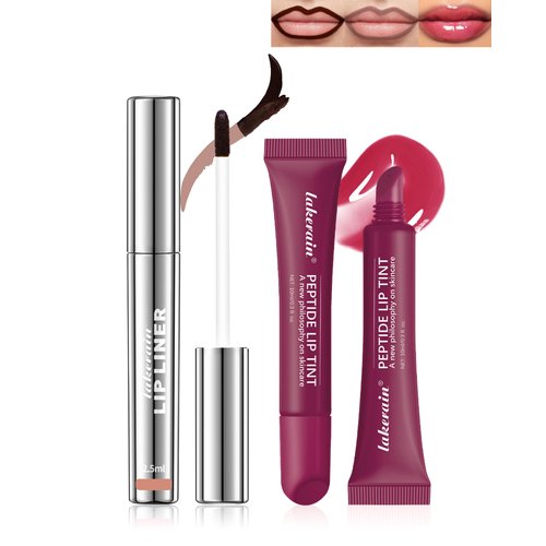 Peel Off Lip Liner Stain & Lip Gloss Set, Long Lasting Waterproof Brown Lip Stain Peel off Tattoo Nude Lip Liner & Tinted Lipstick Combo Non-Stick Cup Transfer Proof Lip Stain Color Women Makeup,Set C
