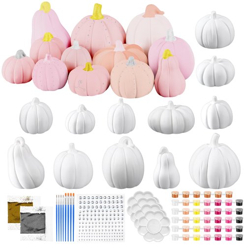 Vertintong 12 Set Ceramic Pumpkins DIY Painting Kit Fall Theme Ready to Paint Pumpkin Statues Paint Your Own Thanksgiving Pumpkin Figurines Unpainted Crafts with Brush Palette Paint(Pink Color)