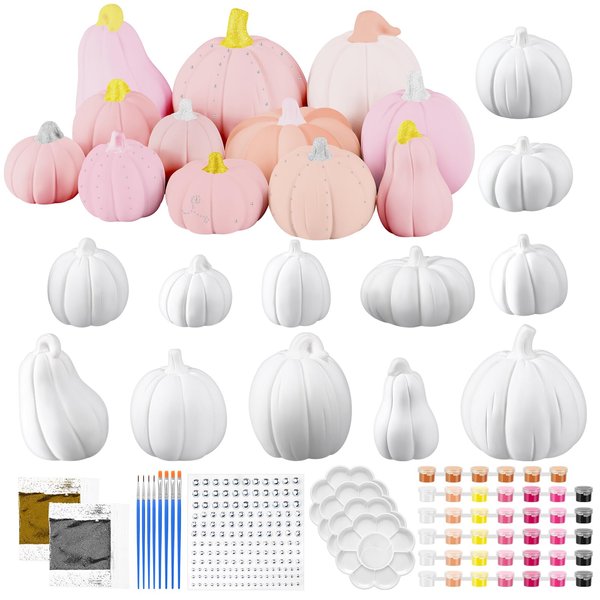 Vertintong 12 Set Ceramic Pumpkins DIY Painting Kit Fall Theme Ready to Paint Pumpkin Statues Paint Your Own Thanksgiving Pumpkin Figurines Unpainted Crafts with Brush Palette Paint(Pink Color)