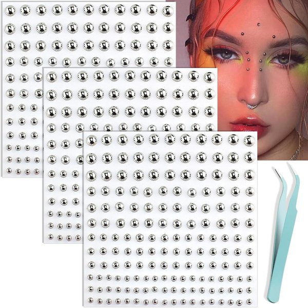 nooepc Face Gems Lip Stud, Fake Lip Piercing Fake Nose Stud Eyebrow Stud, Non Piercing Nose Stud Stick on Silver Belly Button Sticker, Face Sticker Fake Nose Ring Cool Punk Y2K Makeup for Women Men