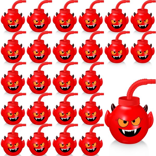 Umigy Halloween Cup for Kids 10 oz Reusable Plastic Cups Bulk Devil Shaped Cup with Lid and Straw for Gift Halloween Themed Party Favor Supplies(24 Pcs)