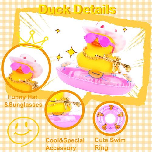 MuMyer Car Rubber Duck Dashboard Decoration Mini Yellow Duck Car Ornament Accessories with Mini Cowboy Hat Swim Tube Necklace and Colorful Sunglasses for Car Dashboard(Pink Sunglasses-Pink Cowboy Hat)