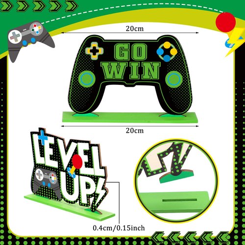Geetery 6 Pcs Video Game Party Centerpieces Wood Level up Birthday Decorations Gaming Desk Decor Pixelated Game on Table Sign for Adults Birthday Party Game Gaming Theme Fans Supplies (Green)