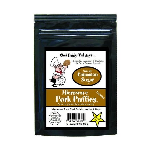 Chef Piggy Tail Microwave Pork Puffies Pork Rinds, Cinnamon Sugar, 2 Ounce