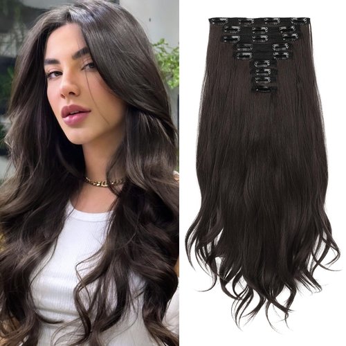 LONAI Clip in Hair Extensions, 9PCS Long Curly Wavy Layer Hair Clip Extensions, Synthetic Hair Extension Natural Soft Invisible Lace Hairpiece for Women Black Brown