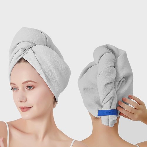 BATTILO PTY Microfiber Hair Towel for Women Girls,2 Pack Hair Drying Turban Hair Towel Wrap Super Absorbent Quick Dry Hair Wrap for Drying Curly, Long & Thick Hair（2PCS Grey）