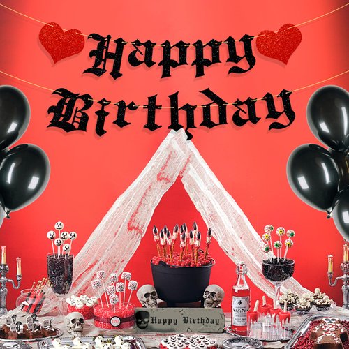 Ushinemi Pre-Strung Goth Birthday Decorations, NO DIY Gothic Happy Birthday Banner Glitter Funeral Birthday Party Supplies