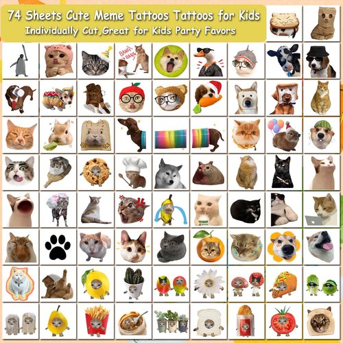 CHARLENT Cute Cat Meme Temporary Tattoos - 74 Individually Sheets Funny Animals Meme Tattoos for Birthday Decorations Party Supplies, School Rewards Gifts Ideas for Girls Boys