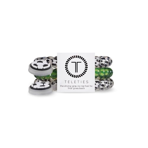 TELETIES - Small Spiral Hair Coils - Sports Collection - Ponytail Holder Hair Ties for Women - Phone Cord Hair Ties - Strong Grip, No Rip, Water Resistant, No Crease - 3 pack - Soccer