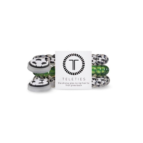 TELETIES - Small Spiral Hair Coils - Sports Collection - Ponytail Holder Hair Ties for Women - Phone Cord Hair Ties - Strong Grip, No Rip, Water Resistant, No Crease - 3 pack - Soccer
