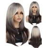 Billowig Long Layered Wigs with Dark Roots Women's Straight Wig with Bangs, Natural Lace Heat-Resistant Layered Synthetic Wigs for Daily Use (Ombre Black)
