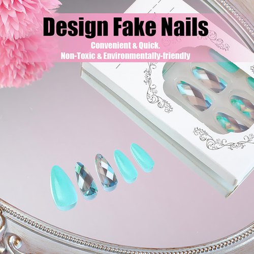 Medium Press on Nails Almond Shape Glue on Nails Full Cover Fake Nails with Designs Glossy Acrylic Nails Cute False Nails Rhombus Pattern Stick on Nails Summer Artificial Nails for Women and Girls