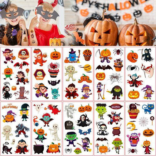 Luminous Halloween Temporary Tattoos for Kids, Glow Halloween Decorations Birthday Party Favors Supplies, Luminous Pumpkin/Candy/Ghost Tattoo Stickers for Party (Halloween-tatoos-C)
