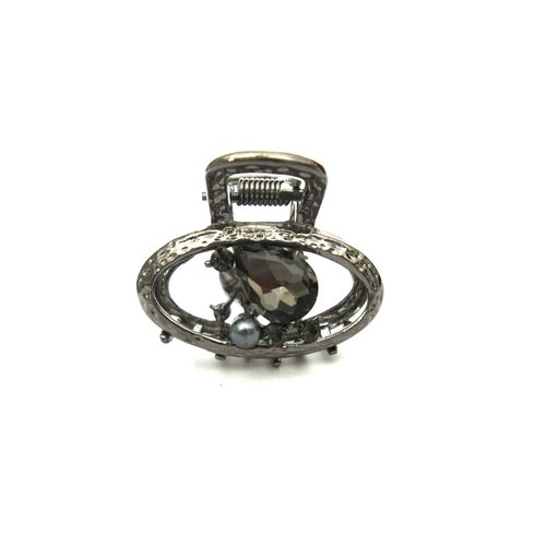 Small oval dark silver metal gray crystal pearl hair claw clip