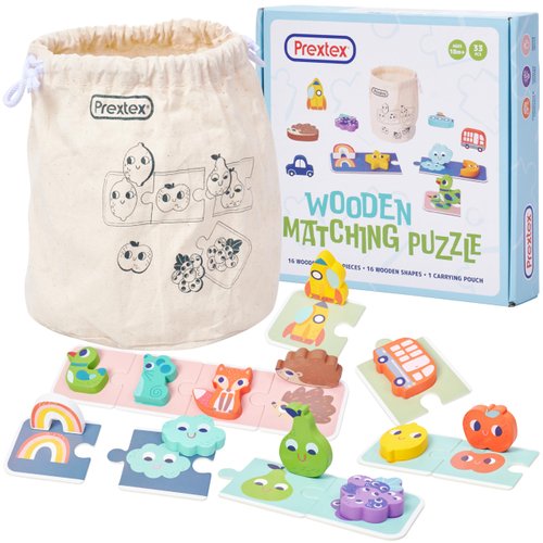 Prextex Wooden Matching Puzzle for Kids- 33 Piece Wooden Shape Toddler Puzzle Game with 16 Wooden Shapes, 16 Puzzle Pieces, and Carrying Pouch - Develops Cognitive Skills for Ages 18 Months+