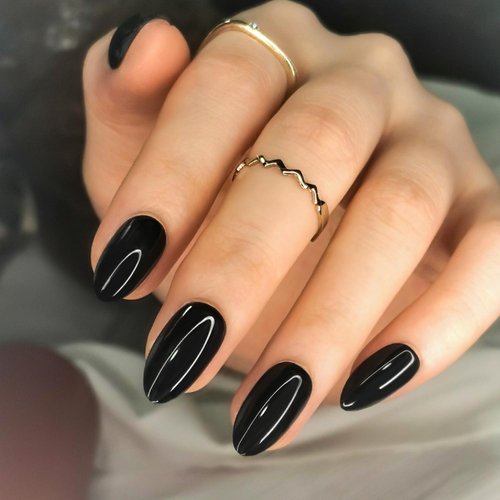 Artquee Almond Press on Nails Short Solid Color Black Fake Nails Acrylic False Nails Art Glossy Artificial Reusable Stick on Nails in 15 Sizes - 30 Nail Kit