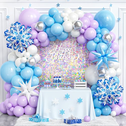 Winrayk Frozen Balloon Arch Garland Kit, Girls Frozen Birthday Party Decorations, Blue Purple White Balloon Arch Kit with Snowflake Star 4D Silver Balloons, Kids Winter Wonderland Elsa Party Supplies