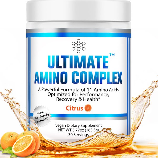 Ultimate Amino Complex Supplement (Citrus Flavor, 30 servings, 4g each) All 9 EAAs & BCAAs (L-Leucine, L-Isoleucine & L-Valine) Essential Amino Acid Powder for Women & Men for Energy & Muscle Recovery
