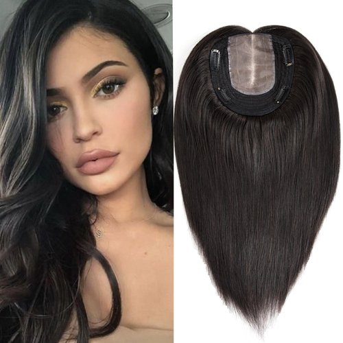 Lovenea 13x15cm Human Hair Toppers for Women 10 inch 7x10 cm Handtied Mono Base Straight Human Hair Clip in Topper Hairpieces for Hair Loss Thinning Hair Natural Black Color(1B#, 10 Inch)